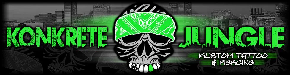 Konkrete Jungle Kustom Tattoo & Piercing logo: skull in a green bandana between green lettering over a city skyline
